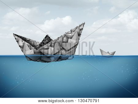 Management and organization financial and business concept as a group of paper boats joining together to create a large size powerfiul entity to better compete and succeed in a 3D illustration style.