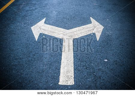 double side white directional arrows on blacktop in blue tone