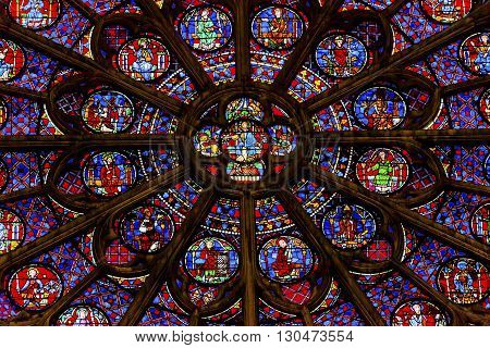 PARIS, FRANCE - MAY 31, 2015 South Rose Window VJesus Disciples Stained Glass Notre Dame Cathedral Paris France. Notre Dame was built between 1163 and 1250 AD.