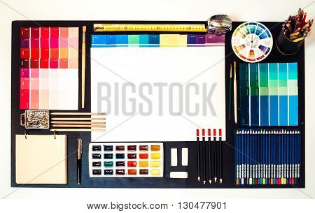 Flat lay of Interior designer and architect working space, space for text. 