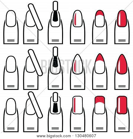 Female manicure  gel & hybrid  nails vary styles and shapes including almond , square , rounded nails and manicure in plain and color nail style polish, French manicure style as icons set in color