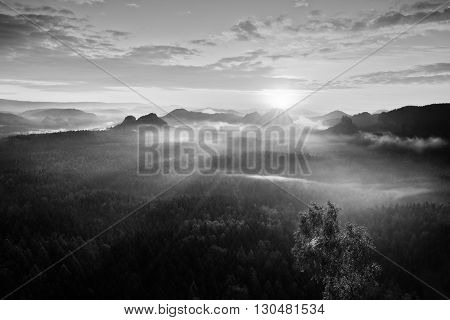 Autumn Sunrise Panorama  In A Beautiful Mountain Within Inversion. Peaks Of Hills Increased From Hea