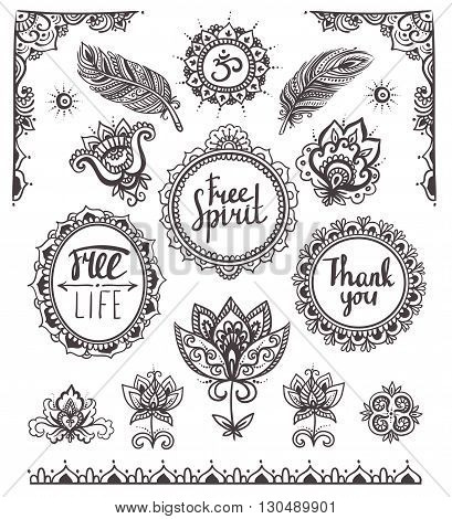 Set of Ornamental Boho Style Frames and elements. Vector illustration.