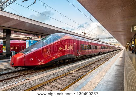 Rome, Italy - May 12, 2016: High speed train Italo at Roma Termini railway station.