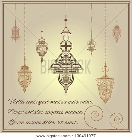 Postcard ethnic with hanging patterned lanterns for congratulations on the sandy background. Vintage style lamp for the greetings for the holy month of fasting Ramadan Kareem. Vector illustration