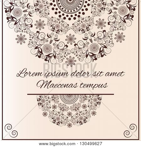 Beautiful card with ornamental brown flowers and the text for the congratulations. Design invitation in retro style. Vector illustration