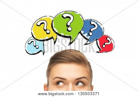 curiosity, information, knowledge, education and people concept - happy young woman or teenage girl head with question marks