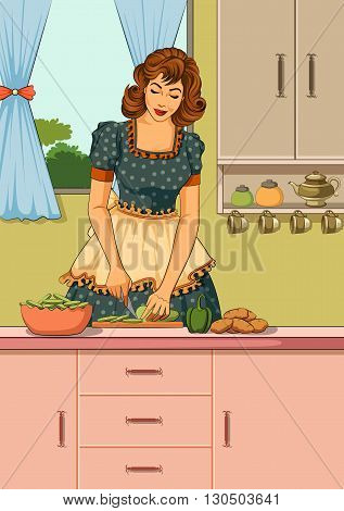 Concept of retro lady chopping vegetable in kitchen . Vector illustration