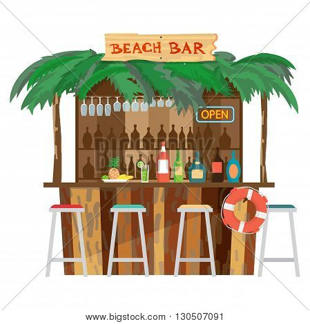 Bar bungalows on the beach ocean coast. Vector flat cartoon isolated illustration. Summer vacation in a tropical beach. Relaxing at the beach bar, drinks, fruits