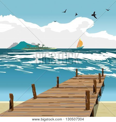 Sea landscape summer beach, old wooden pier, island and yacht in the distance. View with wooden pier in summer vacation. Summer background on beach. Vector flat illustration