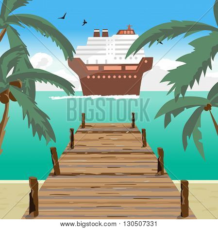 Sea landscape summer beach, old wooden pier, cruise ship in the distance. View with palm trees on a beach, wooden pier in summer vacation. Summer background on beach. Vector flat illustration