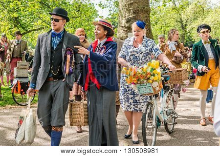 London United Kingdom - May 14 2016: Tweed Run (bicycle ride with a style) at picnic near Albert Memorial in Kensington Gardens Hyde Park.