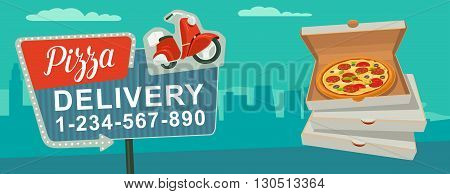 Retro night sign with an arrow. Billboard in retro style with lights. Delivery pizza on red moped. Isolated vector flat illustration on city background. For banner poster presentation.