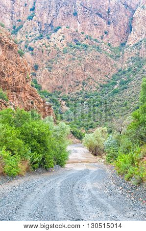 A wet Nuwekloofpas (new valley pass) descending into the Baviaanskloof (baboon valley) during a rain storm