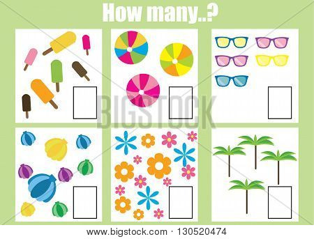 Counting educational children game. How many objects task. Learning mathematics numbers addition theme