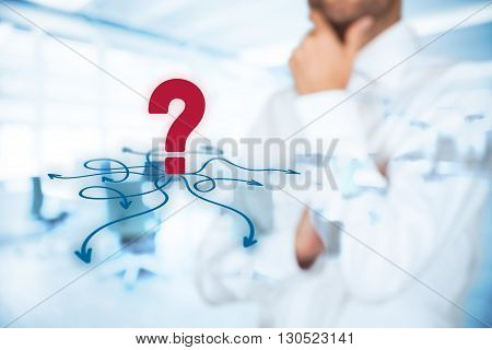 Decision making (management decisions) - select the best business way (opportunity strategy) to future double exposure with office in background.