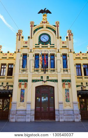 Valencia railway station facade North Estacio del Nord in Spain