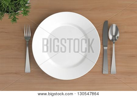 empty plate spoon fork and knife on a wooden base,  3D illustration.