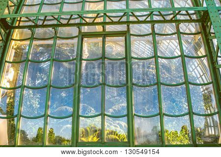 VIENNA, AUSTRIA - CIRCA APRIL 2016: Arcgitectural fragment of Palmenhaus in Schonbrunn gardens in Vienna. This greenhouse is the largest botanical exhibits of its kind in the world