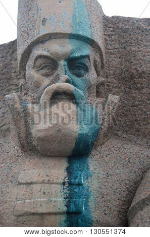 KIEV,UKRAINE - MAY 15, 2016: Ukrainian vandalism.Broken nose on Monument to Reunion of Ukraine and Russia in Kiev, Ukraine (ukrainian nazionalists have tradition to vandalise monuments). Kiev. Ukraine