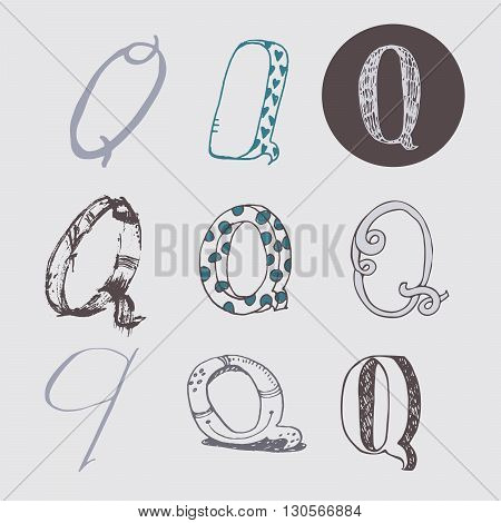 Original letters Q set isolated on light gray background. Alphabet symbols editable hand drawn creative in different variations Italic 3d freehand drawn with brush and nib vector Illustration