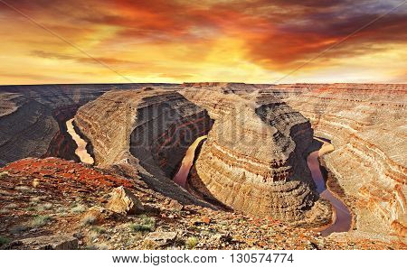 panoramic view of san juan river bends at sunset