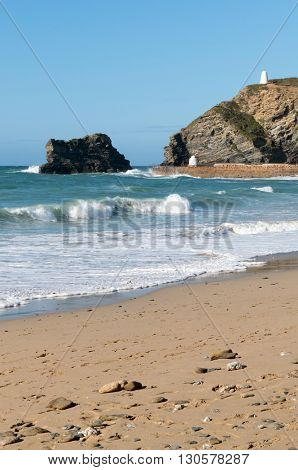 Portreath pier beach shore waves, Cornwall England.