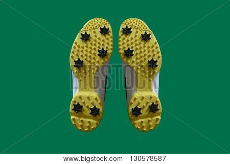 a pair of golf shoes in a green background
