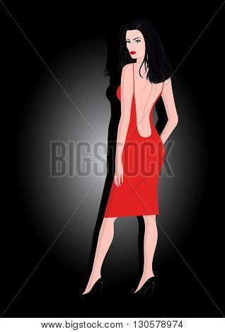 The girl in a red dress on a dark background