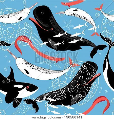Graphic pattern sea whales and fish on a blue background
