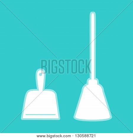 Dustpan vector icon. Scoop for cleaning garbage housework dustpan equipment. White icon with whitish background on torquoise flat color.