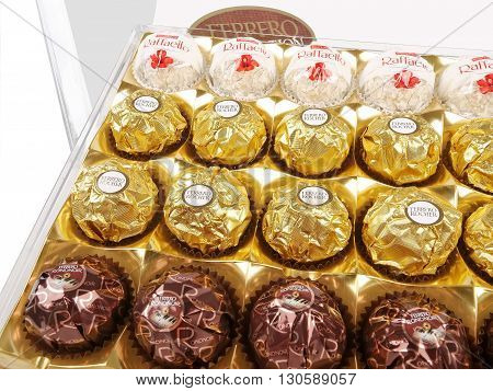 PULA, CROATIA - MAY 14, 2016: Ferrero Chocolates Collection on a white background. Ferrero is brand of Italian chocolate.