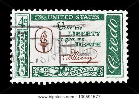 USA - CIRCA 1960 : Cancelled postage stamp printed by USA, that shows Patrick Henry Quotation.