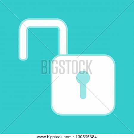 Unlock sign. White icon with whitish background on torquoise flat color.