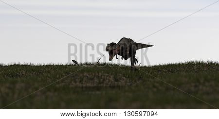 3d illustration of tarbosaurus chasing coelophysis