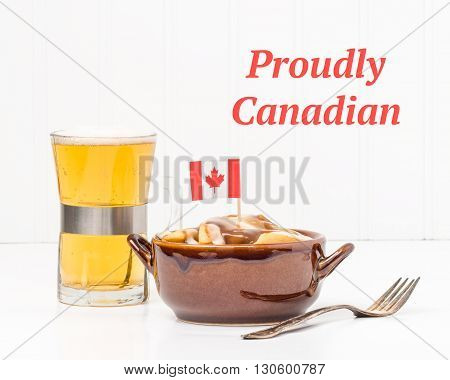 Bowl of poutine a uniquely Canadian dish originating from the Province of Quebec.
