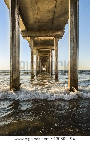 Symmetrical shot under Scripps Pier with waves during sunset in La Jolla, San Diego, California