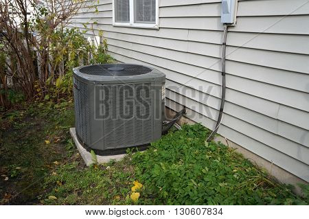 JOLIET, ILLINOIS / UNITED STATES - NOVEMBER 5, 2015: An air conditioner cools a home in the Wesmere Country Club neighborhood of Joliet.