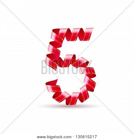 Number five made of red curled shiny ribbon