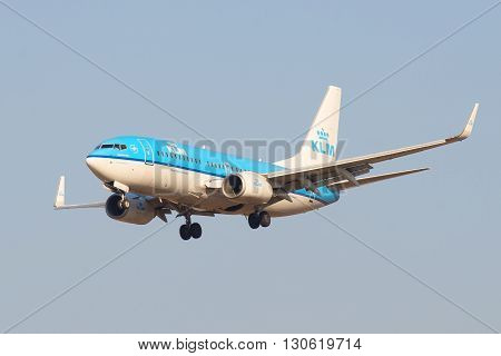 SAINT PETERSBURG, RUSSIA - MARCH 28, 2016: The Boeing 737 (PH-BGF) KLM Royal Dutch Airlines landing in Pulkovo airport