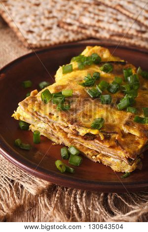 Matzo Fried With Eggs And Green Onions - Matzah Brei Close-up. Vertical