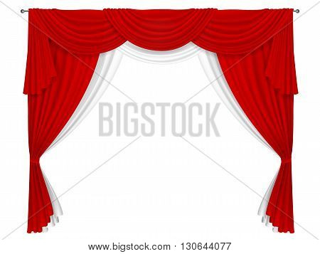 Classic red and white curtain. Curtains for decorating windows or in the theater scene. Curtain fabric forms creases and pelmets.