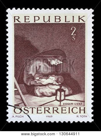 ZAGREB, CROATIA - SEPTEMBER 09: a stamp printed in the Austria shows Madonna, Painting by Albin Egger-Lienz, Christmas, circa 1969, on September 09, 2014, Zagreb, Croatia