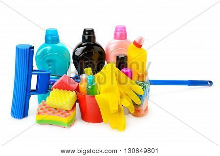 household chemicals protective gloves and a mop isolated on white background
