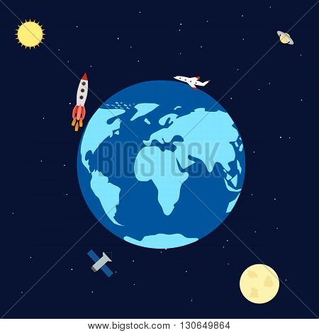 vector illustration. Banner space with planets rocket satellite aircraft. Earth Saturn sun moon. Infographics