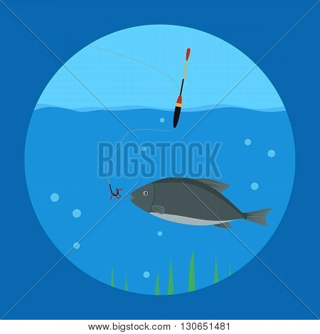 vector illustration. Fishing. Fish in the water swimming towards a fishing hook with a worm . float. vector icon