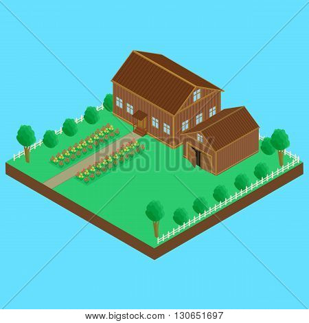 vector illustration. Wooden house and wooden shed fenced. A bed of flowers isometric