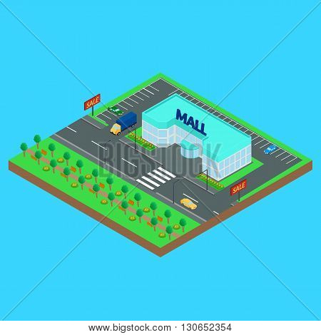 Vector illustration. Mall on a city street. Road car truck Park. Isometric