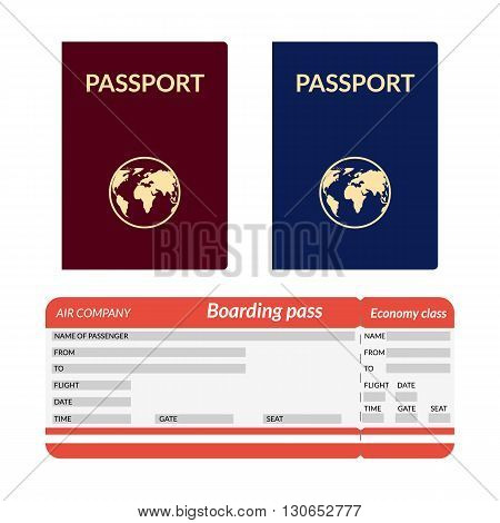 vector illustration. Passport with globe blue and red. Airplane ticket.