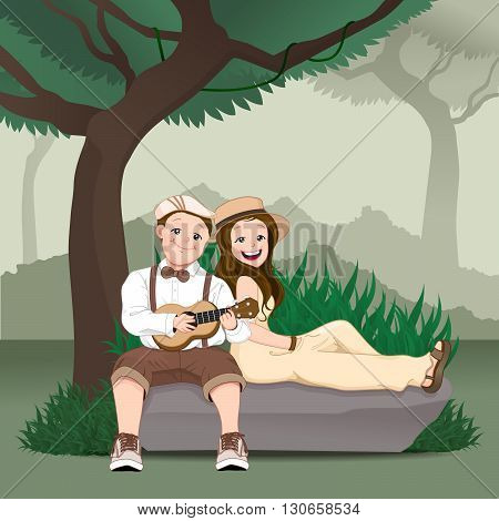 Smiling ccouple playing ukulele (guitar) to his girlfriend sitting on the rock with nature background.